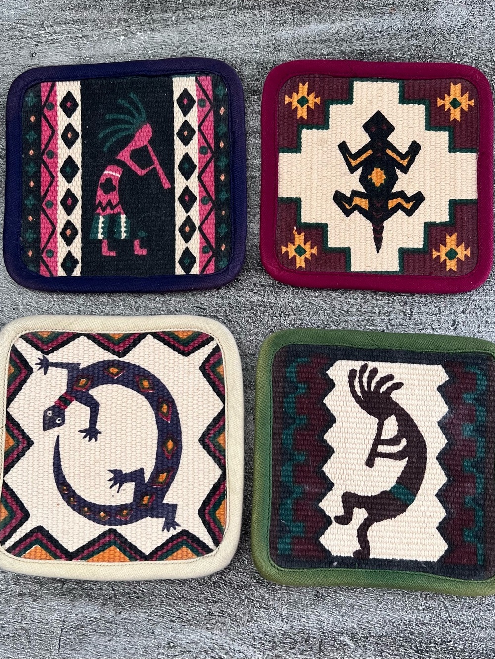 Southwestern Handwoven Fabric Coasters Set of 4 - Kokopelli Lizard Mug Rugs 4x4